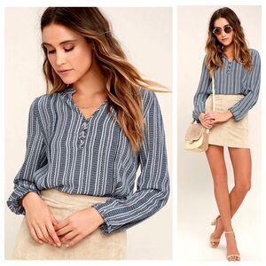 Lulus Sandy Shore Navy Blue Print Long Sleeve Top